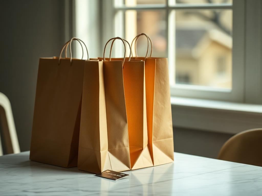 Sacolas de compras sobre mesa iluminada por luz natural