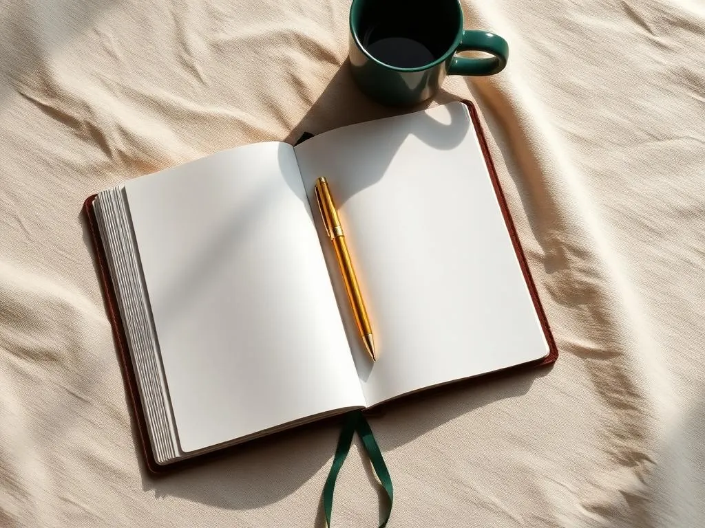 Caderno aberto com caneta dourada e xícara de chá