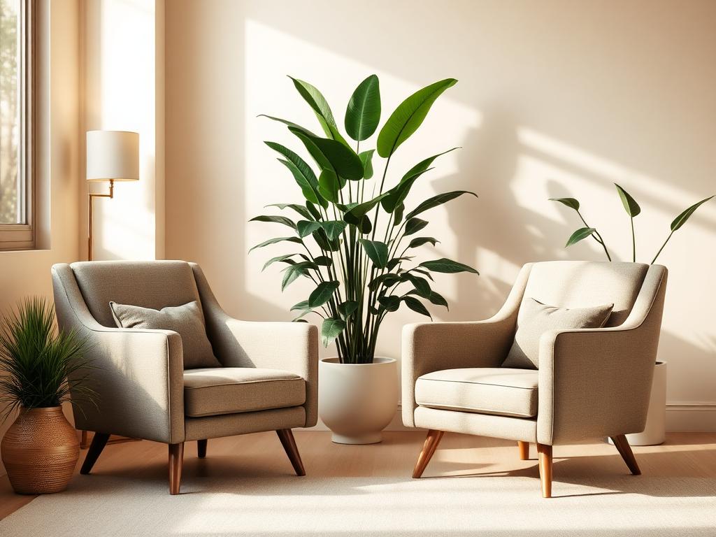 Duas poltronas em consultório acolhedor com planta ao fundo